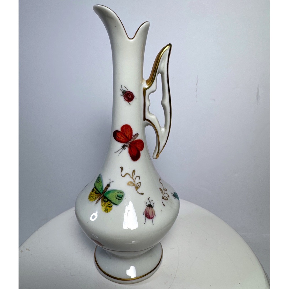 Lenwile China Ardalt Bud Vase Japan White 6.75in Butterfly Ladybug Gold Trim
